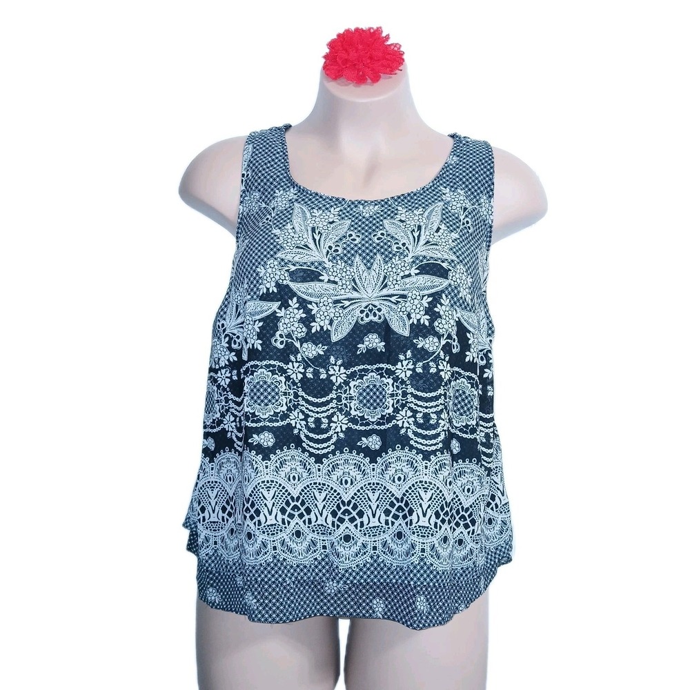 Bila Women Tank Top XXL Black Multi Floral Boho Bohemian Tulip Layered Beachy